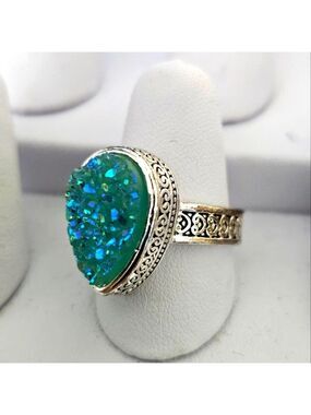 SILVER Vintage Style Sky Blue Rainbow Titanium Druzy Teardrop Ring Size 9 NWOT